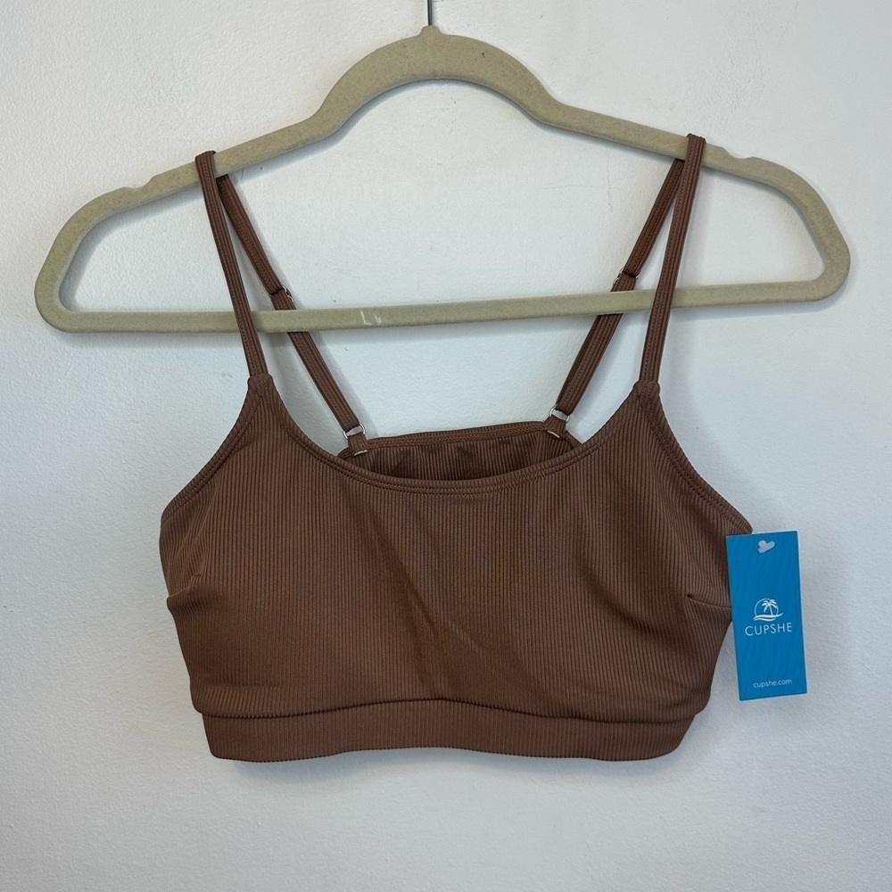 Cupshe NWT Brown / Beige Padded Bikini Top Size M Medium Adjustable Straps